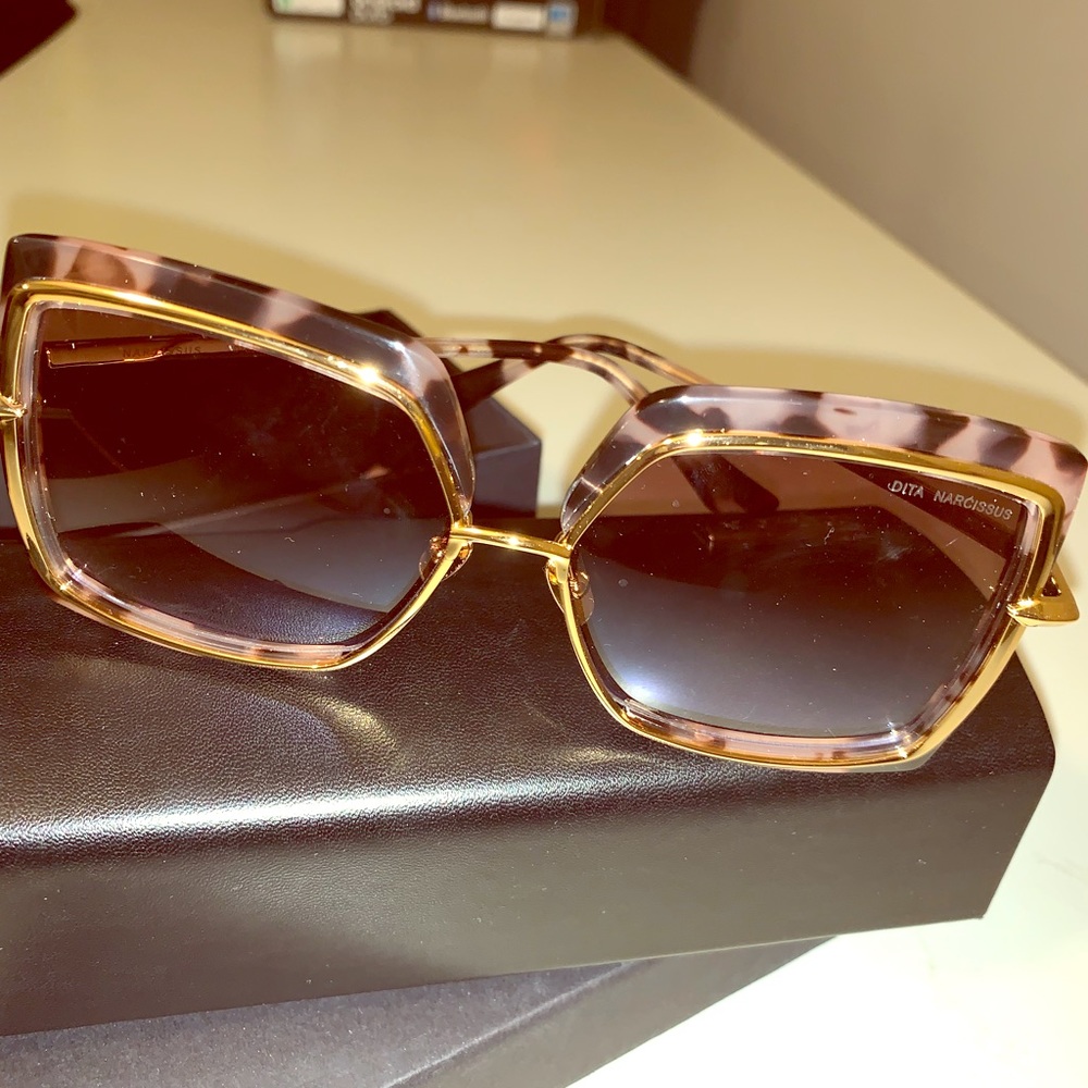DITA Pink Tortoise Gold Trim Hexagonal Sunglasses